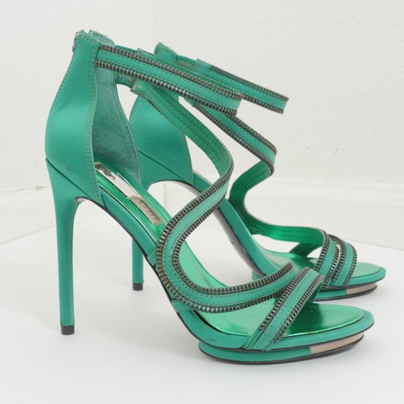 BCBGMaxAzria Green Satin Zipper Detail Size 7 1/2 B Strappy High Heel Shoes - Picture 2 of 13